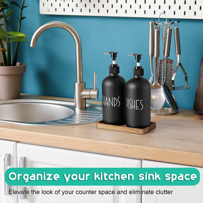 ALELION Black Dish Soap Dispenser Set for Kitchen - 16 OZ Hand Soap Dispenser with Pump and Acacia Wood Tray - for Black Kitchen Decor and Accessories - Image 2